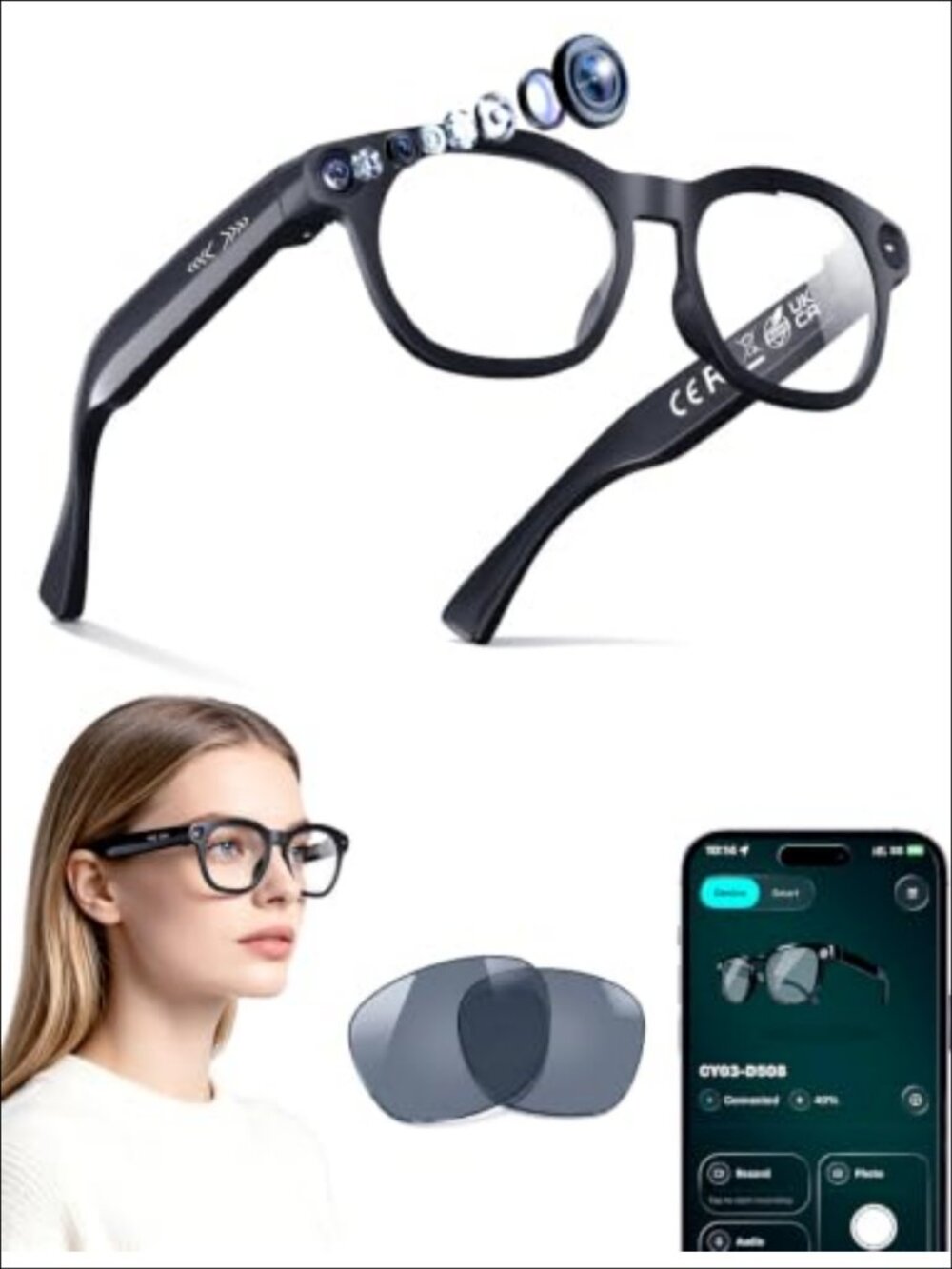 AI Smart Glasses 20MP Camera Open-Ear 3D Audio Voice Control Travel Meetings